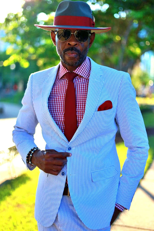 Cheap priced Suit - Mens Classic Summer Seersucker Pinstripe Blue Suit