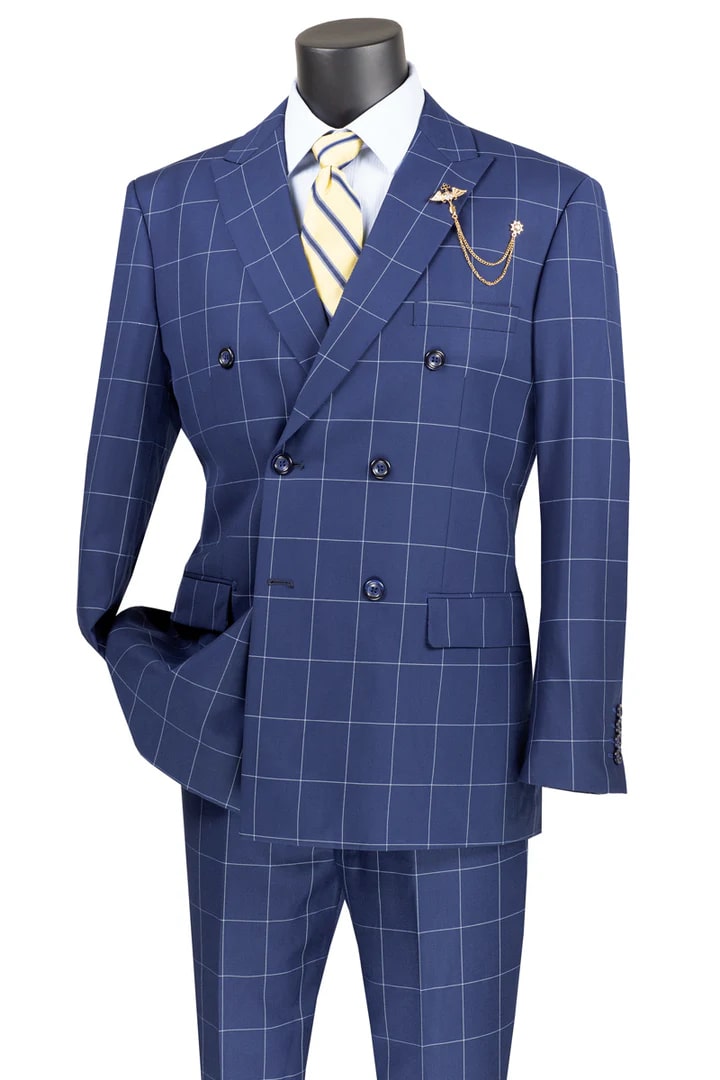 Cheap priced Suit - Mens Double Breasted Bold Windowpane Plaid Blue Suit