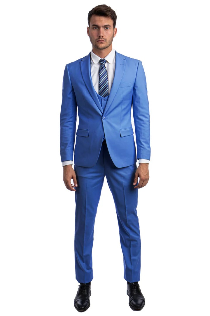Cheap priced Suit - Men's One Button Peak Lapel Skinny Wedding & Prom 2025 Blue Suit With Lowcut Vest - 38 Short Jacket+32 Waist Adjustable 28to34)(Height: 5 4 to5 7 )(Neck  15-16.5)S-M)