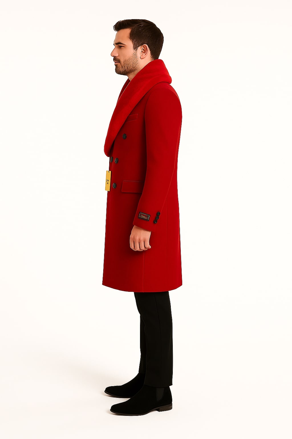 Mens Double Breasted Red Overcoat with Bold Red Faux Fur Collar – Alberto Nardoni Luxury Winter Coat - Coat Size 38