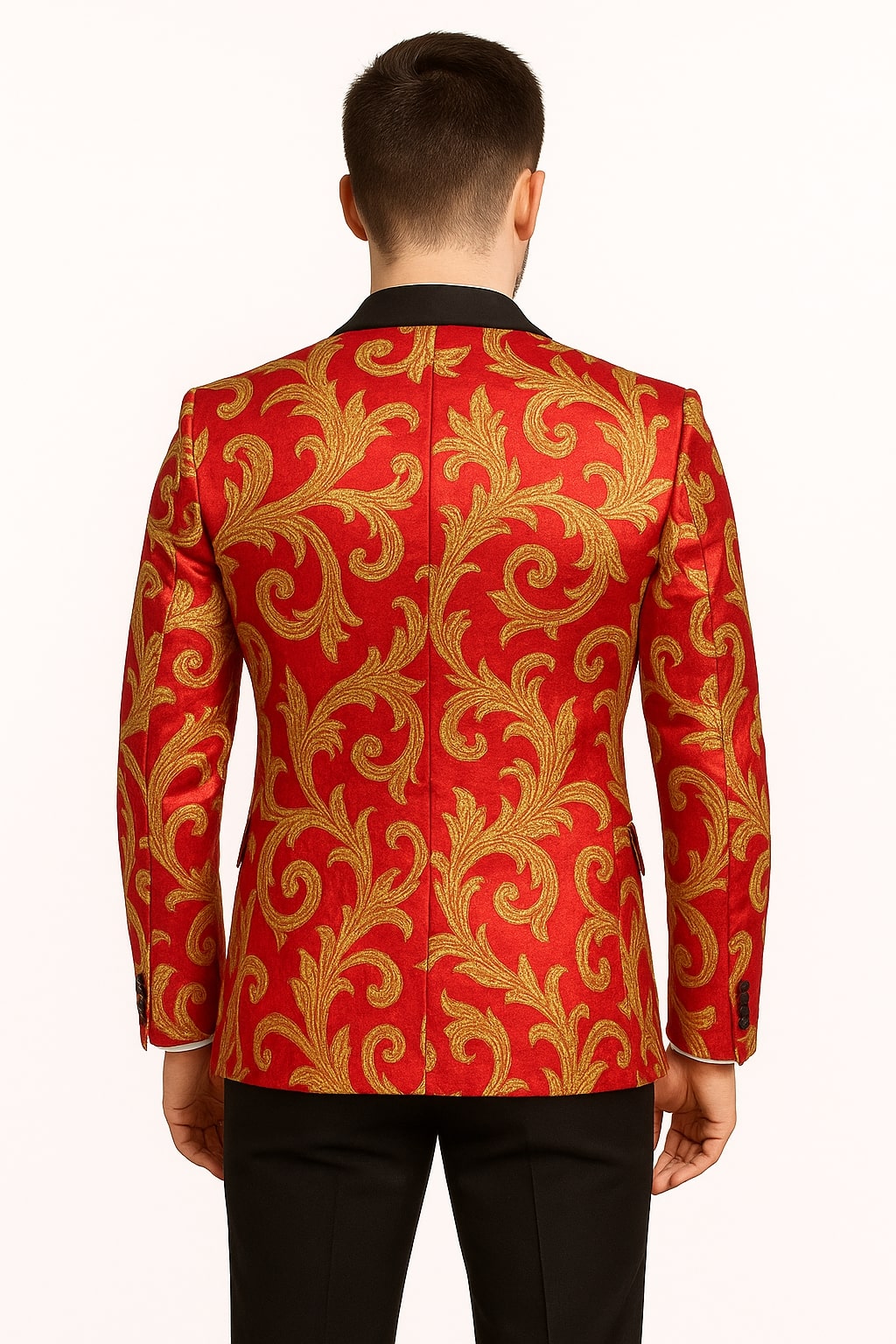 Men's Red and Gold Baroque Tuxedo Jacket with Black Satin Shawl Lapel - 34 Short or Extra Small
