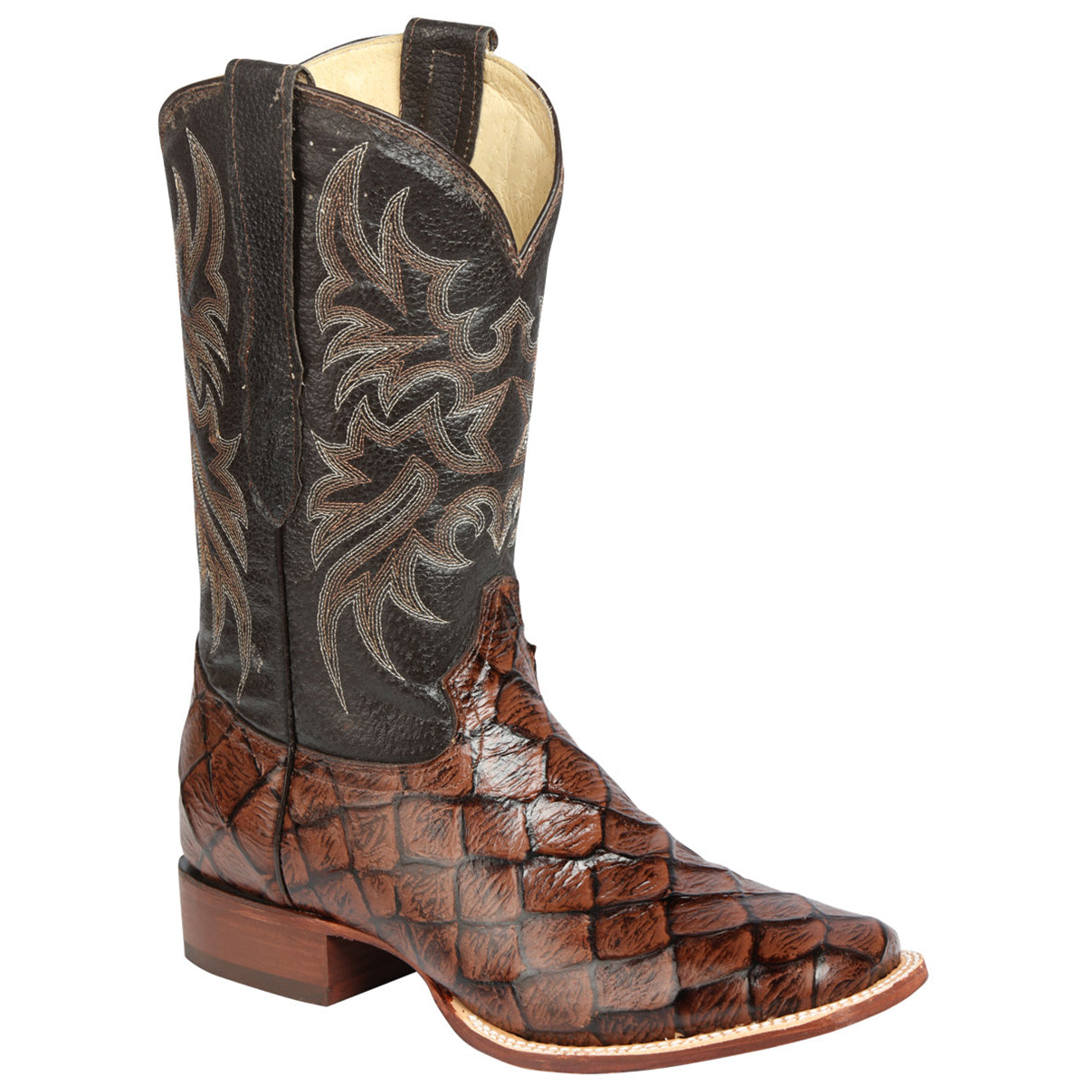 Brown Pirarucu Print Square Toe Boots - Brown