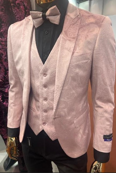 Pink Paisley Suit - Blush Color Slim Fitted Prom 2025 Suit With Bowtie Vest and Black Pants - Coat Size 38