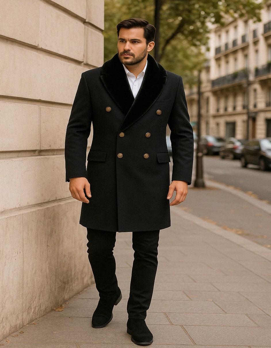Men’s Black Double-Breasted Overcoat with Faux Fur Collar and Gold Buttons - Coat Size 38