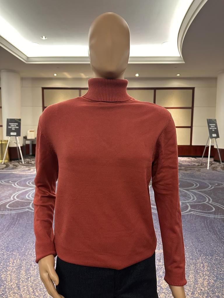 Mens Rust Red Turtleneck Sweater – Slim fit Lightweight Knit Pullover in Brick Color - S