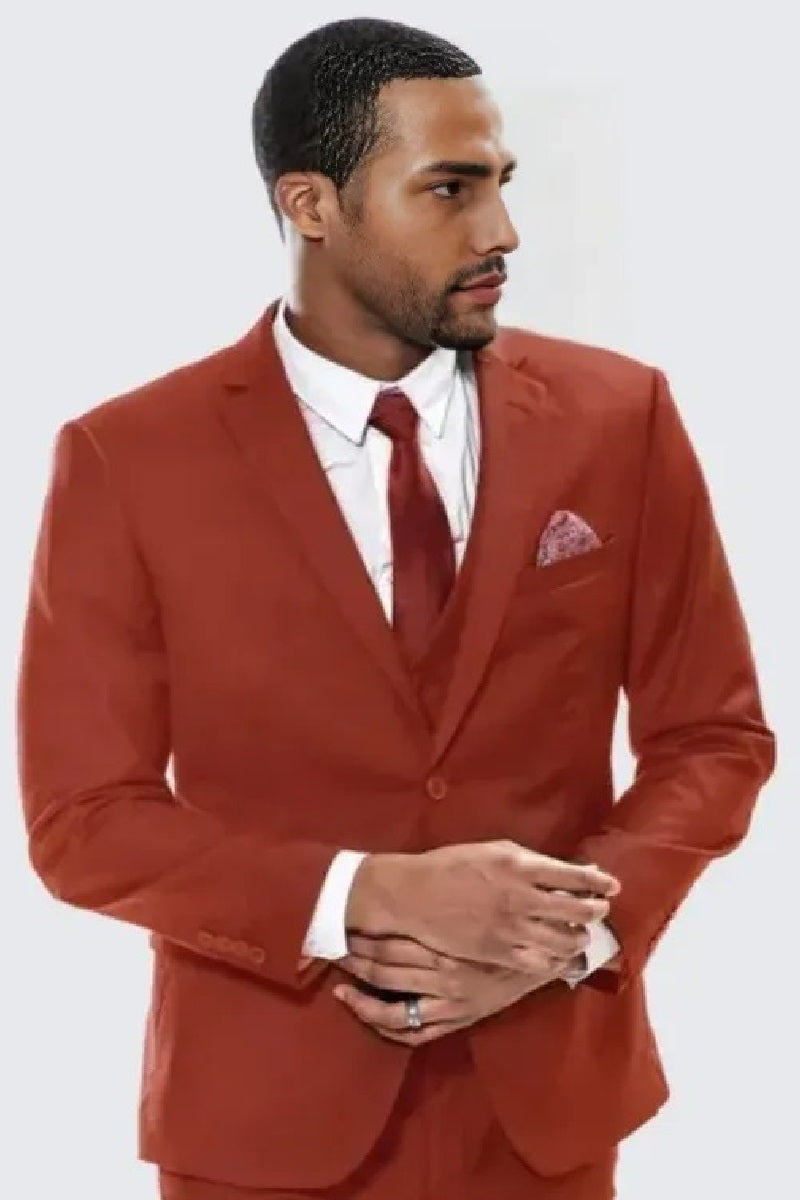 Brick Red Skinny Fit Suit Three Piece Set - Wedding - Prom 2025 - Coat Size 38