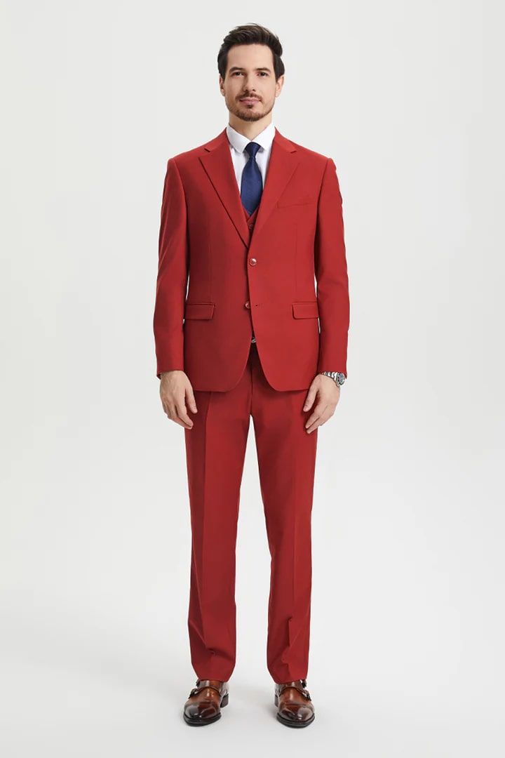 Cheap Priced Suit - Men's Two Button Vested Stacy Adams Basic Designer Sharkskin Brick Suit - 38 Short Jacket+32 Waist Adjustable 28to34)(Height: 5 4 to5 7 )(Neck  15-16.5)S-M)