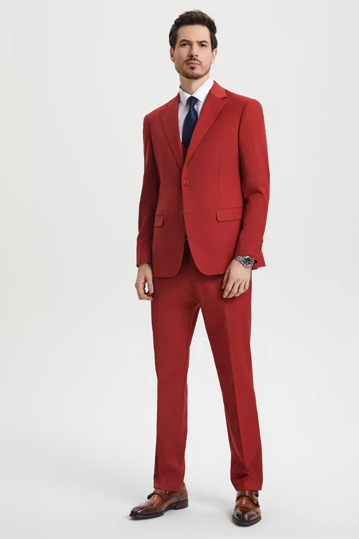 Cheap Priced Suit - Men's Two Button Vested Stacy Adams Basic Designer Sharkskin Brick Suit - 38 Short Jacket+32 Waist Adjustable 28to34)(Height: 5 4 to5 7 )(Neck  15-16.5)S-M)