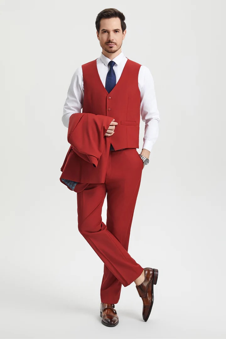 Cheap Priced Suit - Men's Two Button Vested Stacy Adams Basic Designer Sharkskin Brick Suit - 38 Short Jacket+32 Waist Adjustable 28to34)(Height: 5 4 to5 7 )(Neck  15-16.5)S-M)