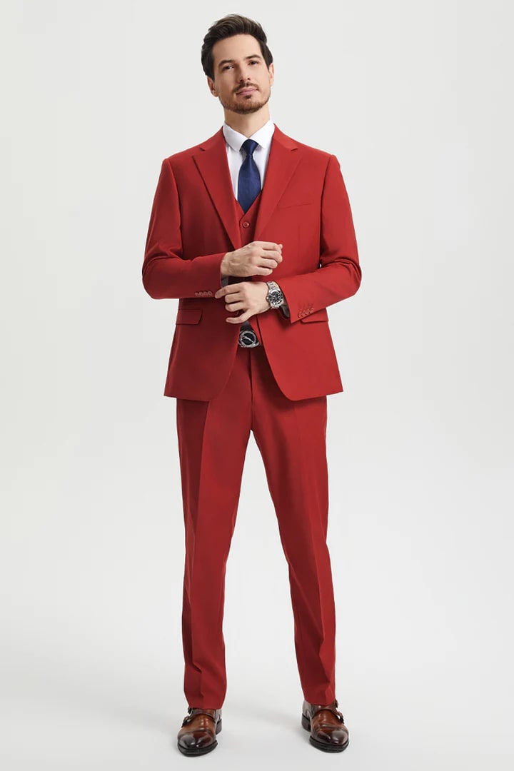 Cheap Priced Suit - Men's Two Button Vested Stacy Adams Basic Designer Sharkskin Brick Suit - 38 Short Jacket+32 Waist Adjustable 28to34)(Height: 5 4 to5 7 )(Neck  15-16.5)S-M)