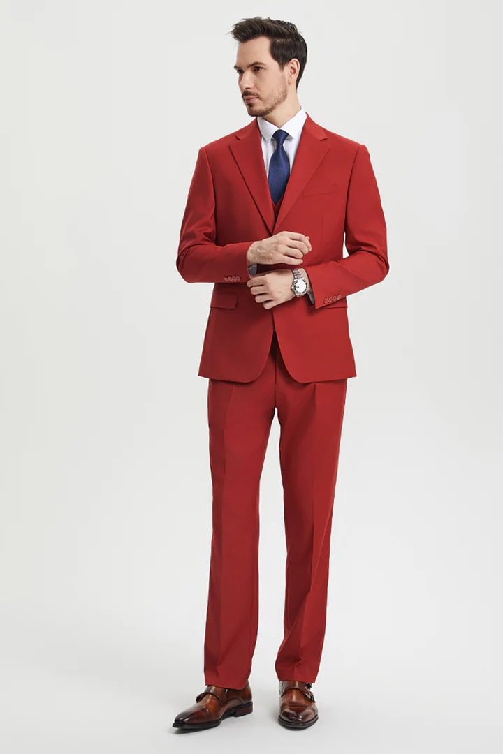 Cheap Priced Suit - Men's Two Button Vested Stacy Adams Basic Designer Sharkskin Brick Suit - 38 Short Jacket+32 Waist Adjustable 28to34)(Height: 5 4 to5 7 )(Neck  15-16.5)S-M)