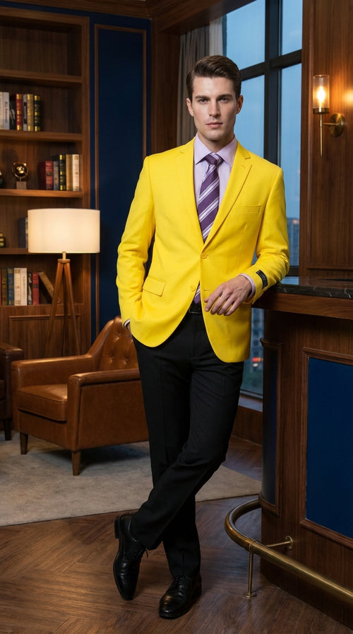 Mens Bright Yellow Blazer Classic Two Button Formal Sport Coat for Wedding, Party and Statement Wear