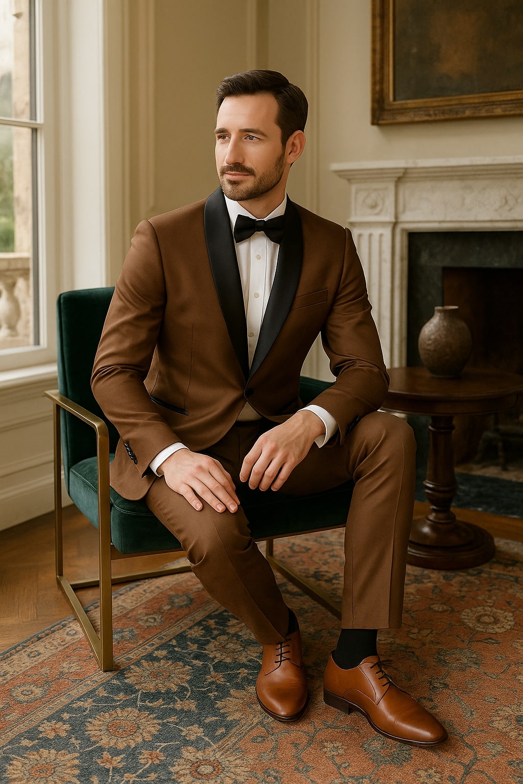 Mens Bronze Satin Shawl Lapel Tuxedo Suit – Light Brown Coffee Color - 34 Short or Extra Small