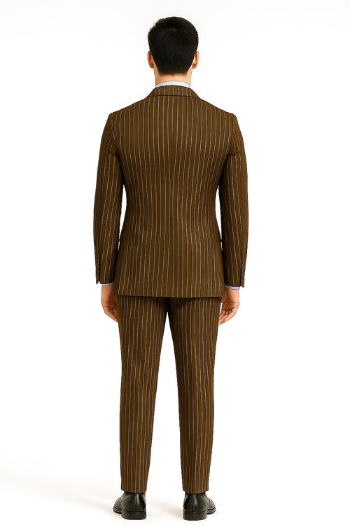 Mens Brown Pinstripe Double-Breasted Suit Classic 6-Button Business and Vintage Style