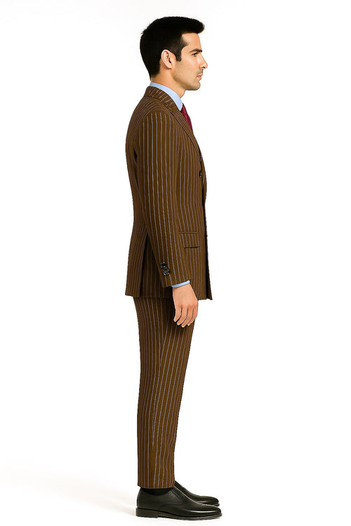 Mens Brown Pinstripe Double-Breasted Suit Classic 6-Button Business and Vintage Style