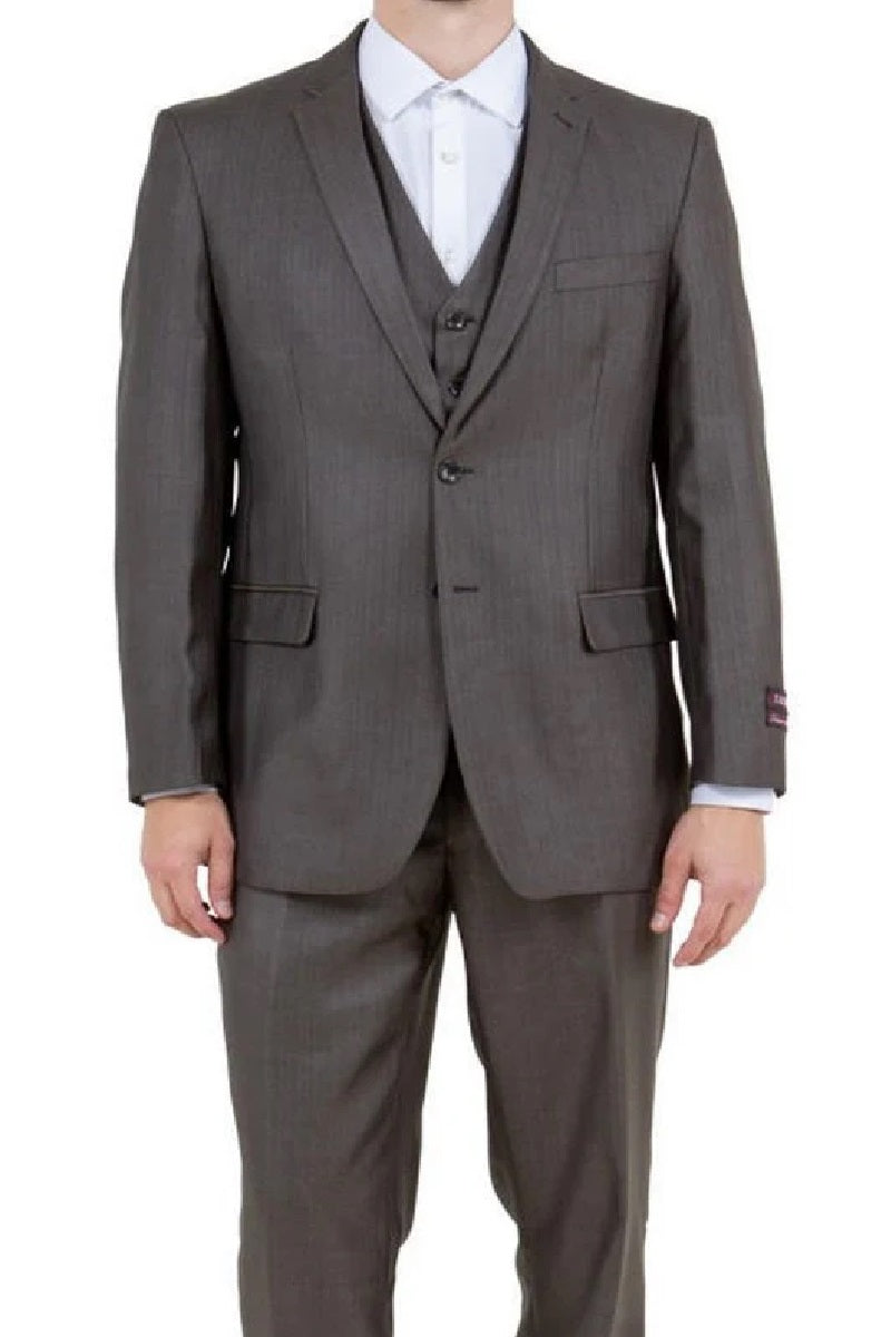 Mens Brown Sharkskin 3 Piece Single Breasted Suit Regular Fit - Coat Size 38