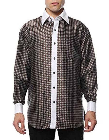 Shiny Satin Floral Spread Collar Paisley Dress Club Clubbing Clubwear Shirts Flashy Stage Colored Two Toned Woven Casual Geometric Brown-White Men's Dress Shirt - Small
