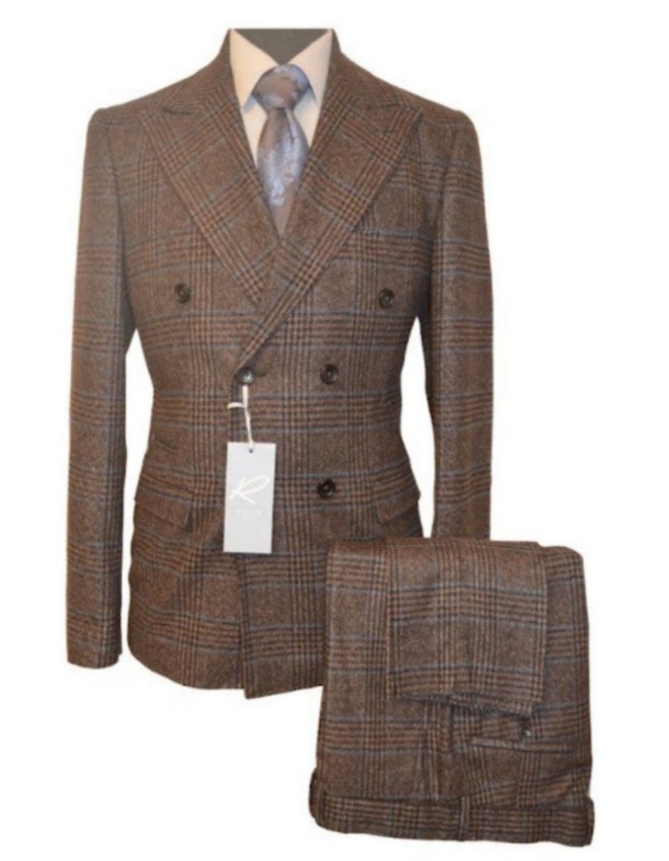 Vintage Suit - Rossiman Suit - Brown and Blue Mix Windowpane Suit - Glen Plaid Suit - 34R