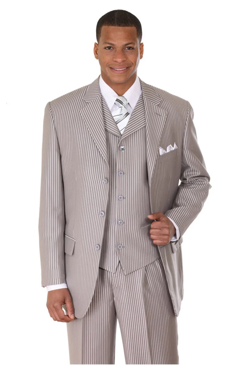 Mens 3 Button Vested Tonal Stripe Suit in Grey - 38 Short Jacket+32 Waist Adjustable 28to34)(Height: 5 4 to5 7 )(Neck 15-16.5)S-M)