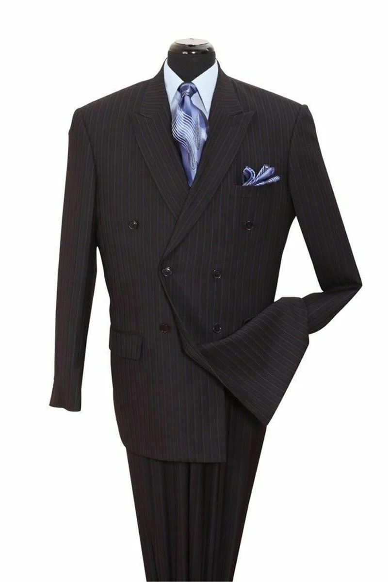 Mens Double Breasted Ton on Ton Stripe Suit in Black - 38 Short Jacket+32 Waist Adjustable 28to34)(Height: 5 4 to5 7 )(Neck 15-16.5)S-M)