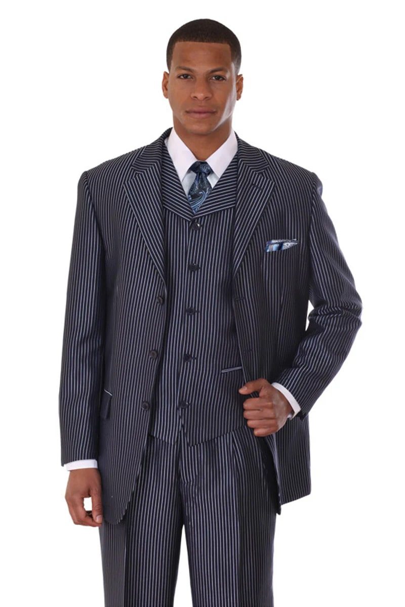Mens 3 Button Vested Tonal Stripe Suit in Navy - 38 Short Jacket+32 Waist Adjustable 28to34)(Height: 5 4 to5 7 )(Neck 15-16.5)S-M)