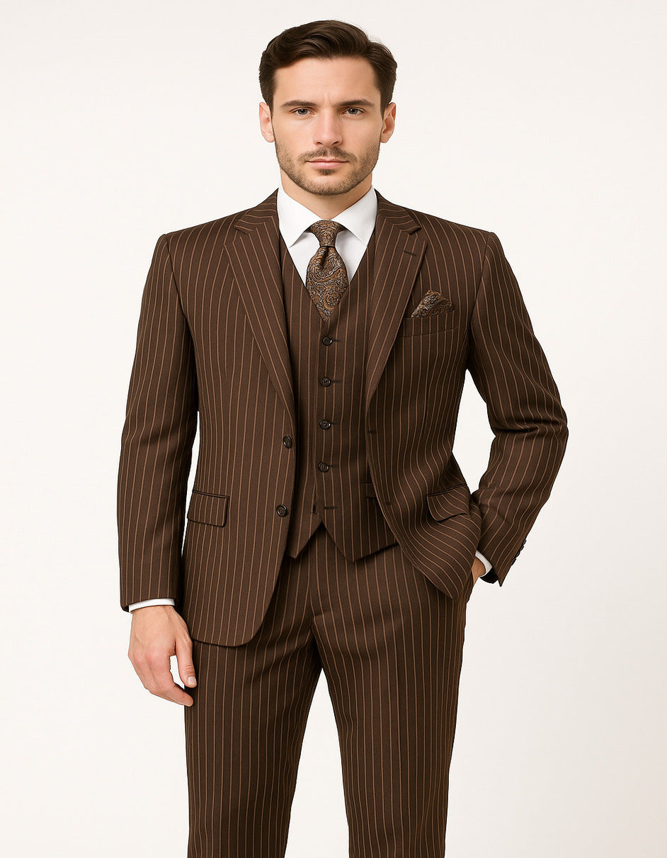Men's Brown Pinstripe 3-Piece Suit with Matching Vest – Classic Fit Business and Formal Attire - 34 Short or Extra Small