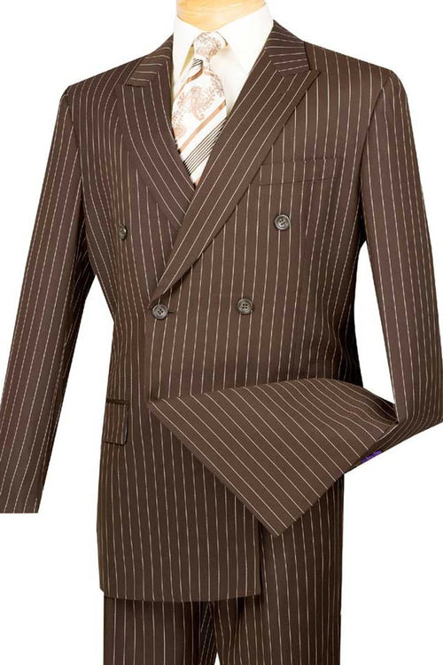 Cheap priced Suit - Mens Double Breasted Gangster Bold Pinstripe Brown Suit