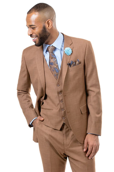 Cheap priced Suit - Mens Two Button Vested Sharkskin Weave Business Brown Suit