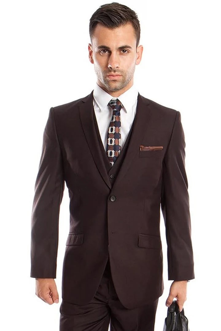 Cheap Priced Suit - Men's Two Button Slim Fit Basic Vested Wedding Brown Suit