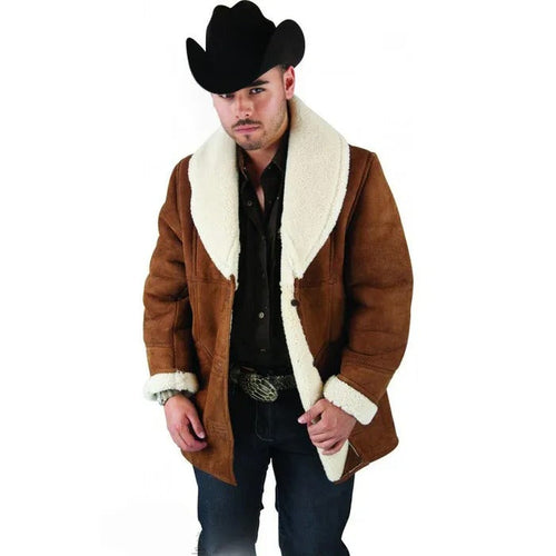 Men’s Black Shearling Jacket with Faux Fur Collar, Western Winter Coat for Casual Wear