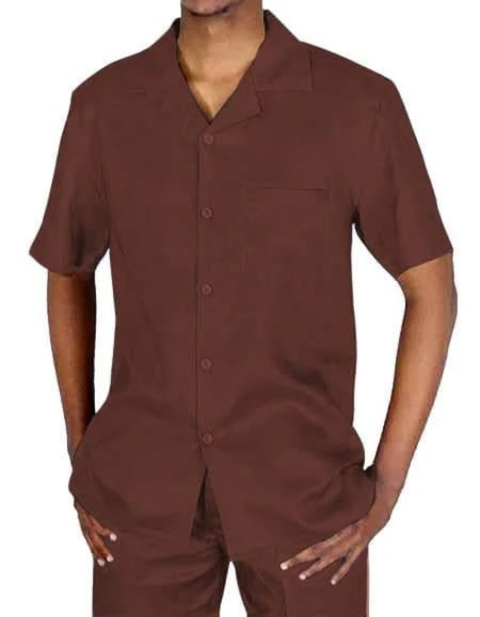 Mens Linen Suit - Mens Collared Button Closure Brown Short Sleeve Shir