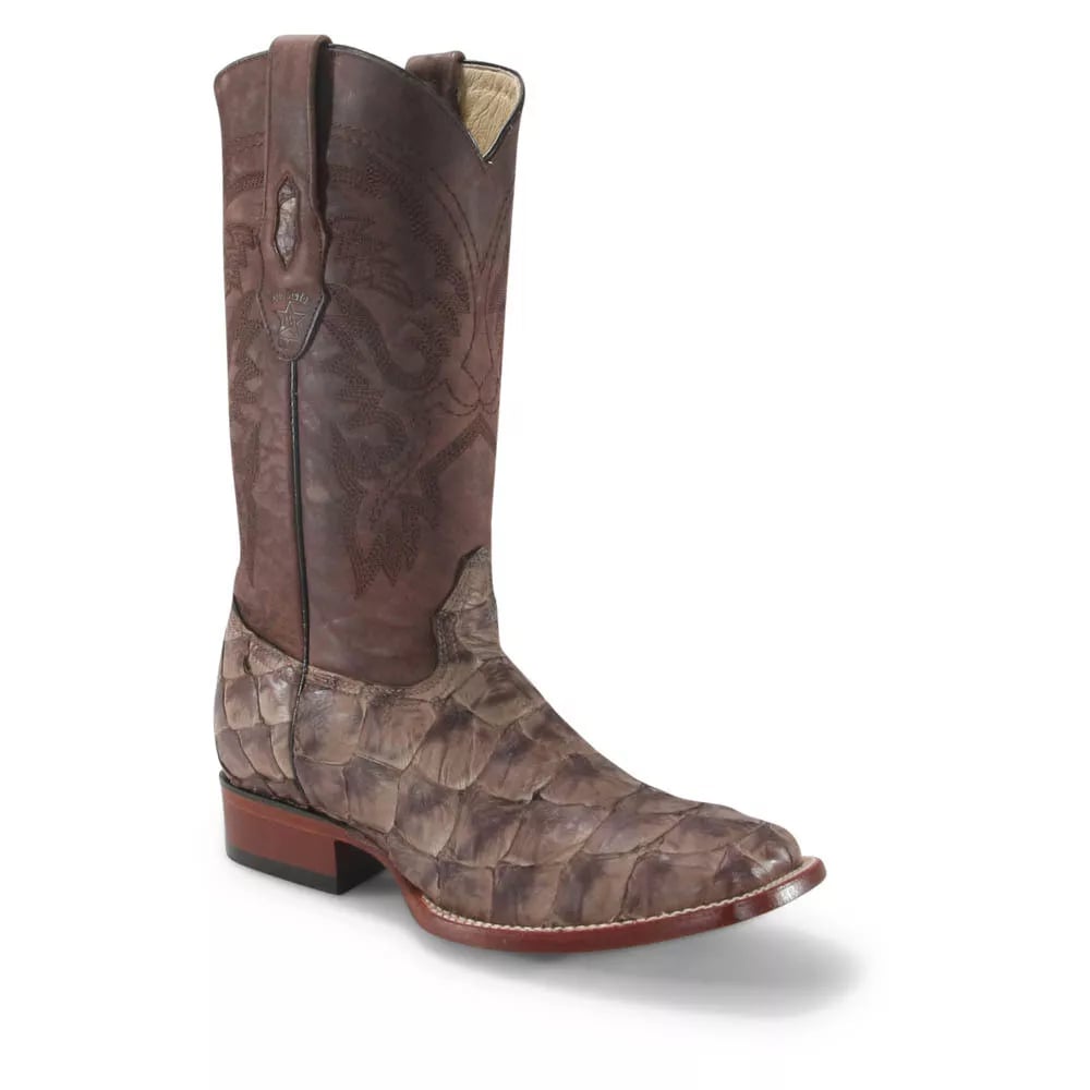 Los Altos Brown Matte Pirarucu Square Toe Boots - 8