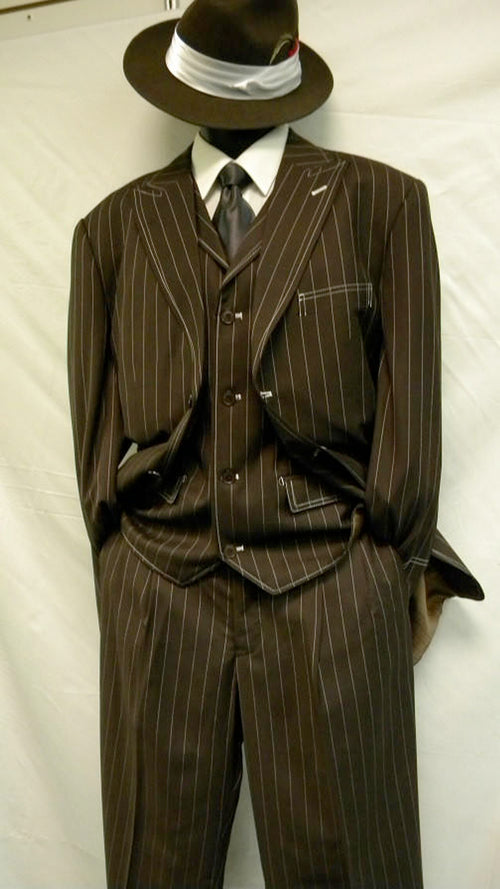 Mens Brown Pinstripe Zoot Suit 1920s Gangster Vintage 3-Piece Suit with Wide-Leg Pants and Fedora Look - Three Buttons