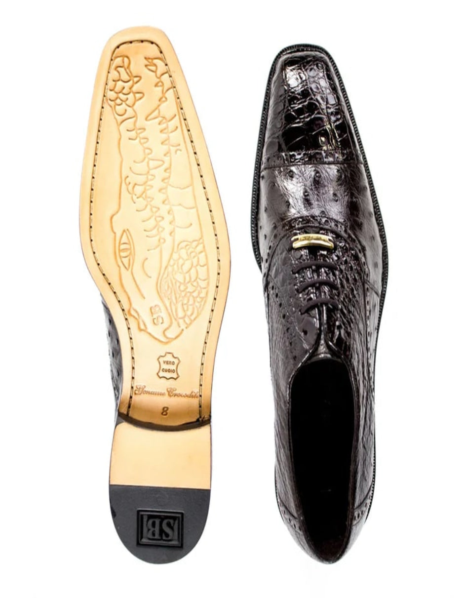 Men's Belvedere Onesto Ostrich Quill & Crocodile Cap Toe Dress Brown Shoe - US 8.5 Standard/D/ Medium / Eu:41-42