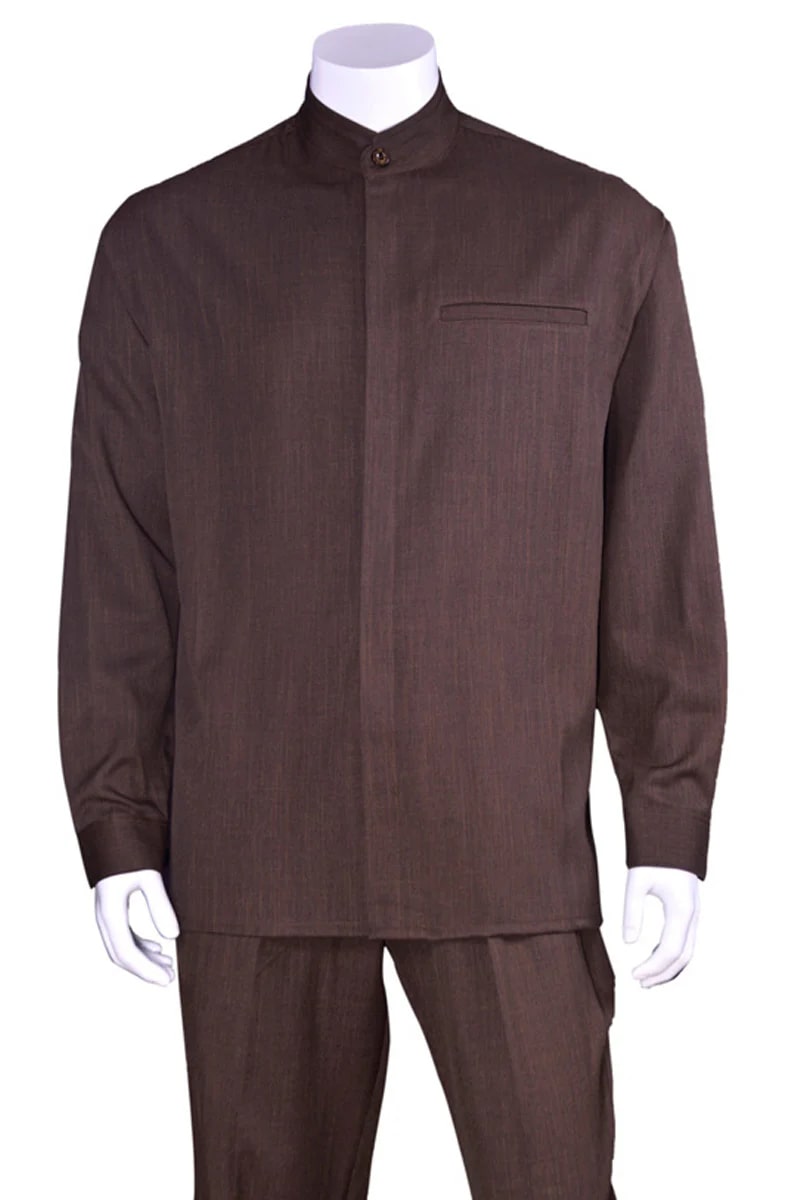 Mens Long Sleeve Mandarin Collar Casual Leisure Set in Brown - S