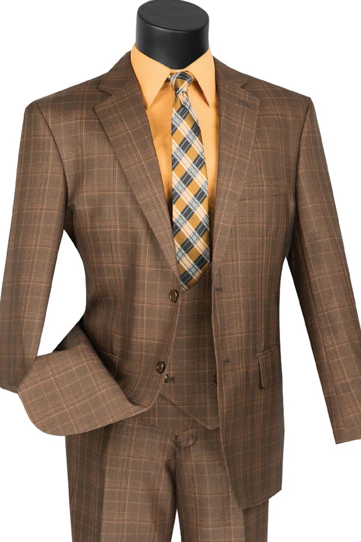 Cheap Priced Suit  - Mens 2 Button Vested Peak Lapel Plaid Windowpane Brown Suit - 38 Short Jacket+32 Waist Adjustable 28to34)(Height: 5 4 to5 7 )(Neck  15-16.5)S-M)