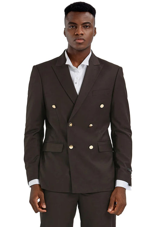 Cheap priced Suit - Men's Slim Fit Double Breasted Wedding Brown Suit With Gold Buttons