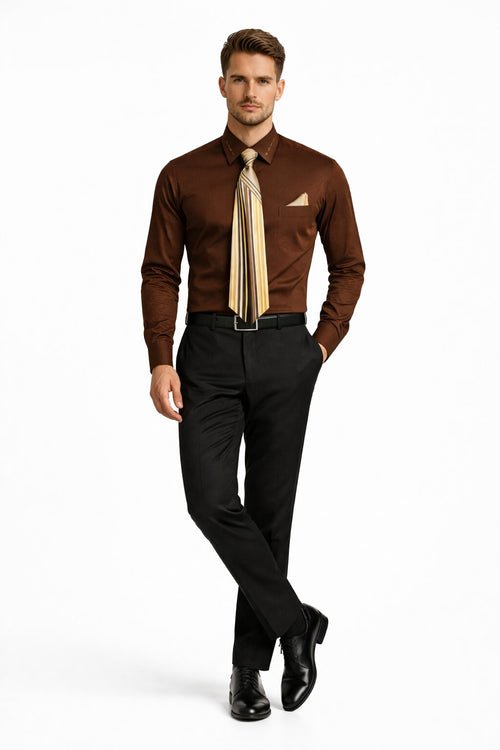 French Cuff + Tie + Handkerchief Men's Dress Shirt With Tie