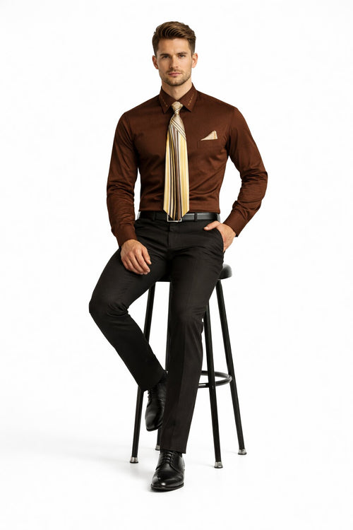 French Cuff + Tie + Handkerchief Men's Dress Shirt With Tie