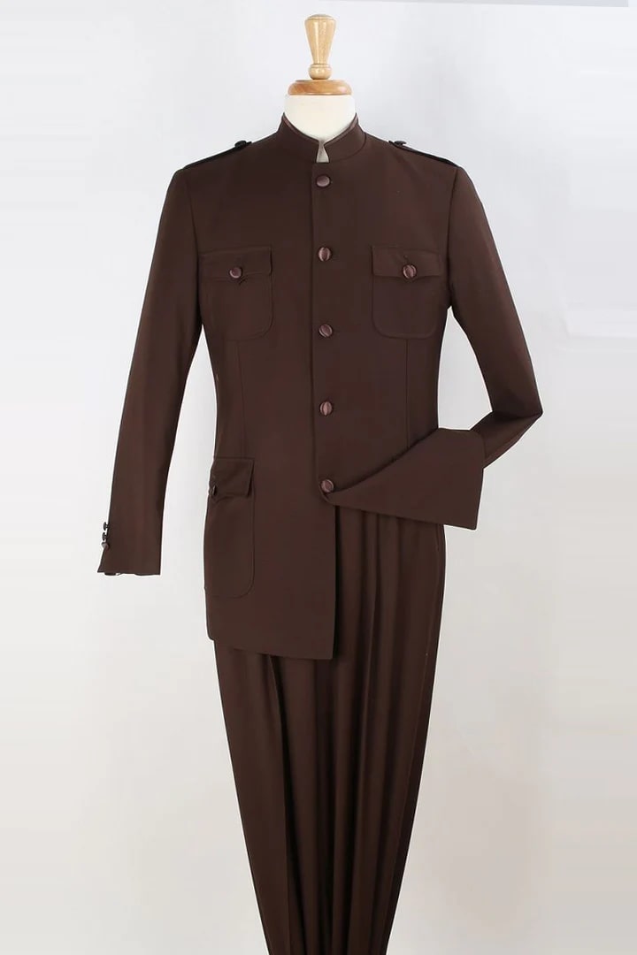 Cheap Priced Suit - Mens Five Button Military Insired Mandarin Banded Safari Brown Suit