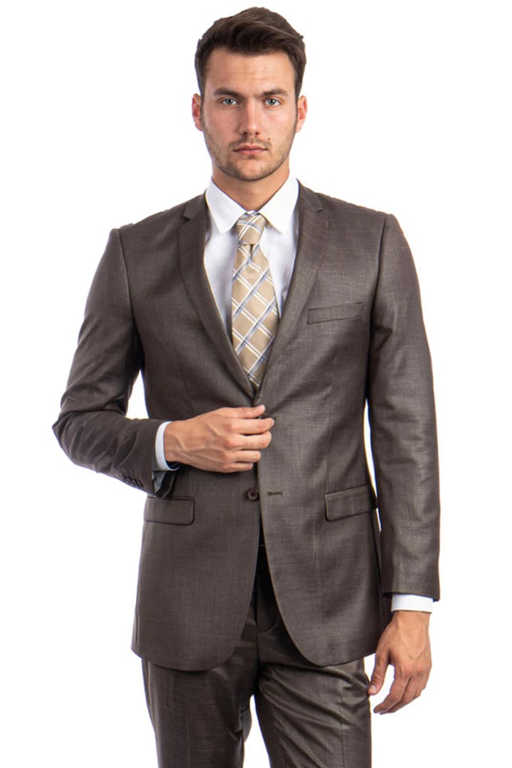 Cheap Priced Suit - Men's Slim Fit Textured Shiny Sharkskin Brown Suit