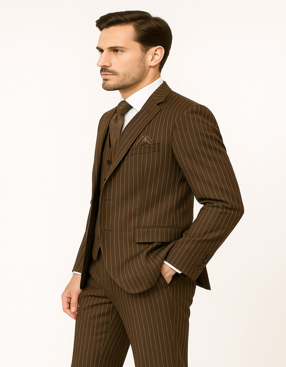 Men's Brown Pinstripe 3-Piece Suit with Matching Vest – Classic Fit Business and Formal Attire - 34 Short or Extra Small