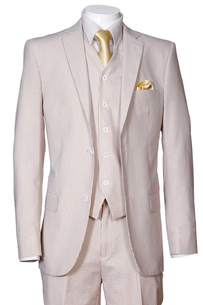 "Seersucker Summer Suit for Men - Tan, 2 Button Vested Style" - 38 Long