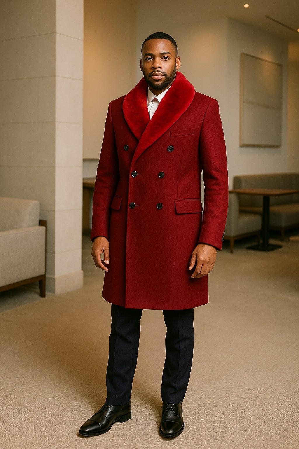 Mens Double-Breasted Burgundy Overcoat with Red Faux Fur Shawl Collar – Alberto Nardoni Winter Coat - Coat Size 38