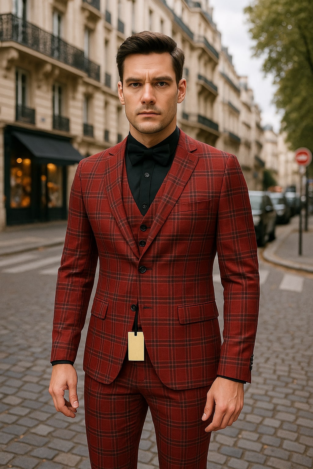 Mens Burgundy Plaid Three-Piece Suit – Ultra Slim Fit Checkered Windowpane Redish 544-10 - 34 Short or Extra Small