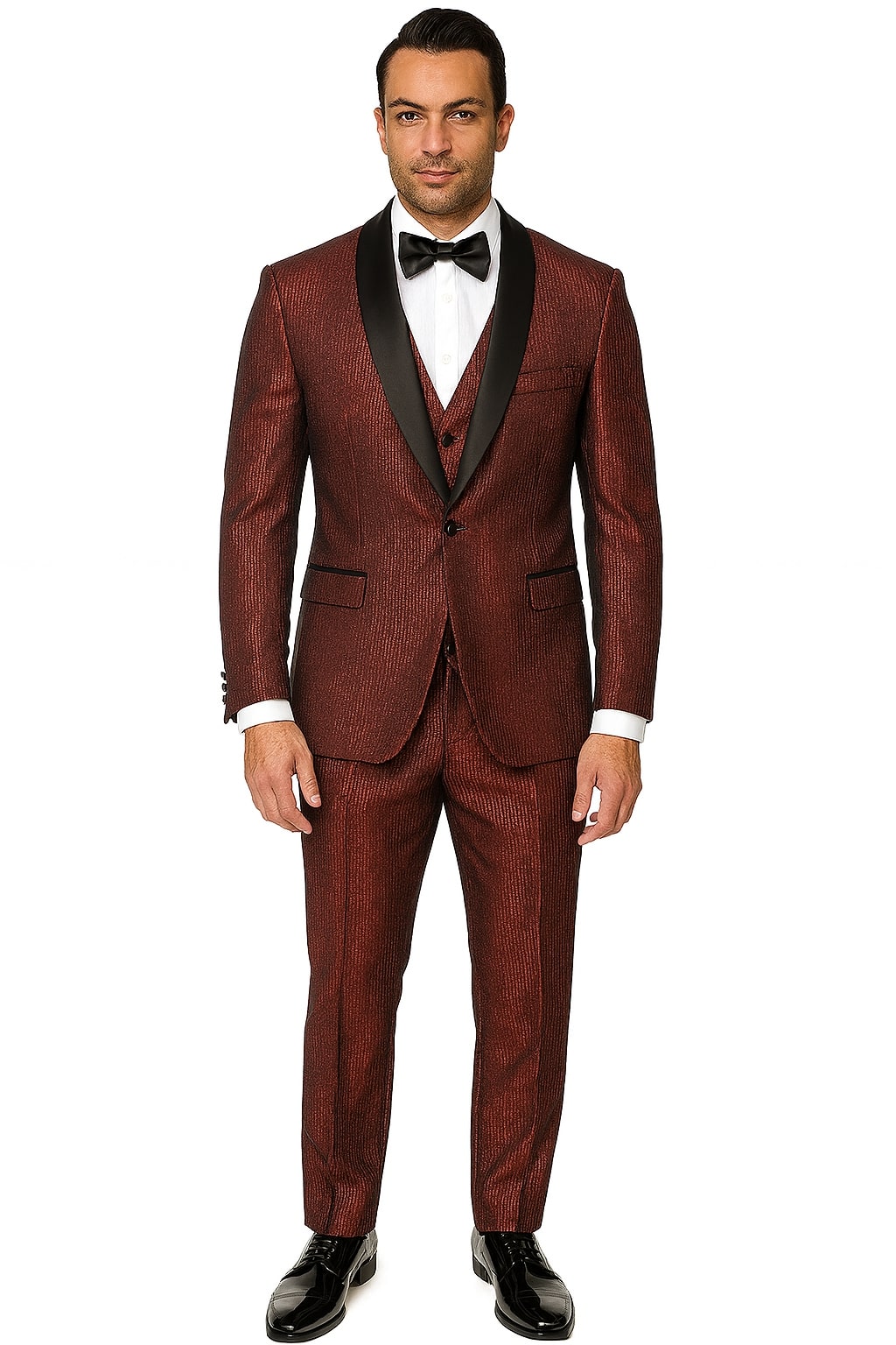 Men's Burgundy Shiny Stripe Tuxedo Jacket Slim Fit Satin Lapel Dinner Blazer Formal Events 34 Short or Extra Small