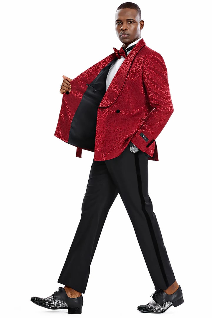 Cheap priced Suit- Men's Slim Fit Double Breasted Smoking Jacket Prom 2025 & Wedding Burgundy Tuxedo Paisley - 38 Short Jacket+32 Waist Adjustable 28to34)(Height: 5 4 to5 7 )(Neck 15-16.5)S-M)