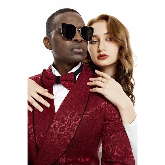 Knot Side Textured Paisley 2pc Tuxedo, Burgundy - 38 Short Jacket+32 Waist Adjustable 28to34)(Height: 5 4 to5 7 )(Neck 15-16.5)S-M)
