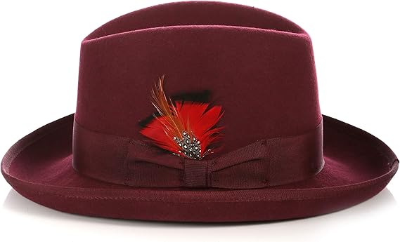 Gangster 100% Austrailian Wool Crushable Mens Fedora Hat - Removable Feather Gangster Burgundy Mens Fedora Hat - Small