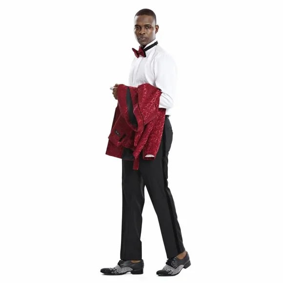 Knot Side Textured Paisley 2pc Tuxedo, Burgundy - 38 Short Jacket+32 Waist Adjustable 28to34)(Height: 5 4 to5 7 )(Neck 15-16.5)S-M)